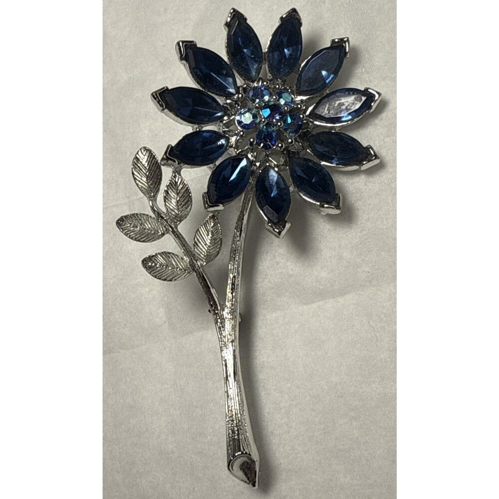 Vintage Silver Tone Blue Rhinestone‎ Flower Brooch PB146